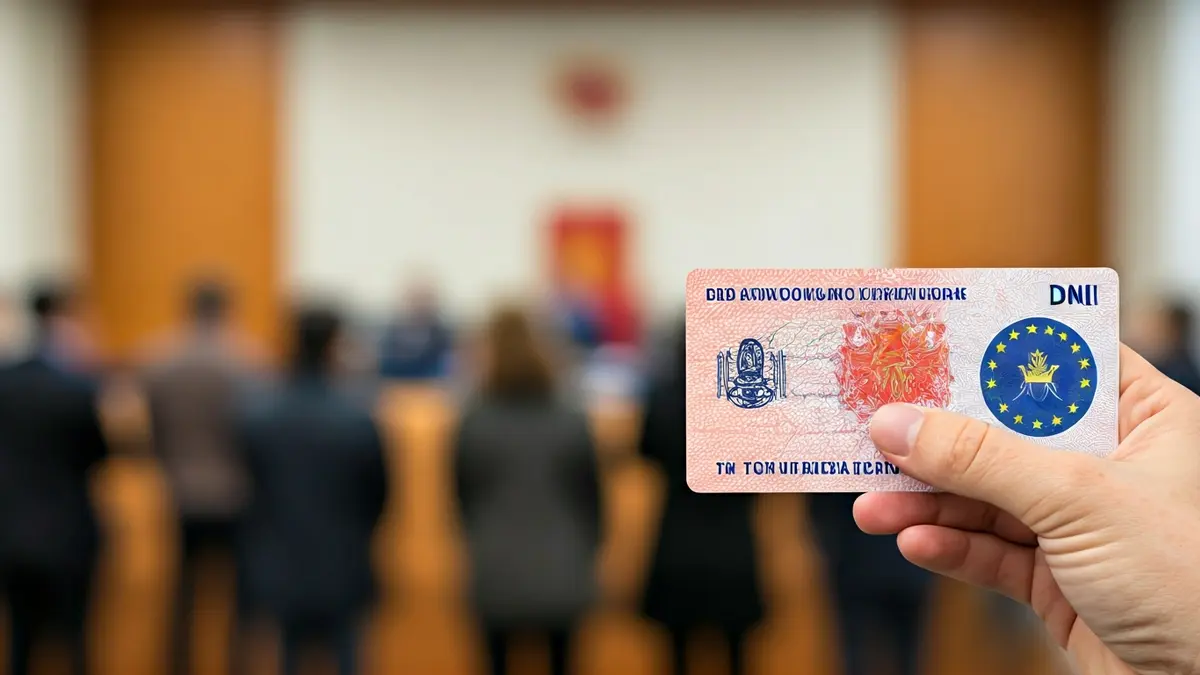 Irudi generikoa DNI txartel bat esku batean duena, gobernu bulego baten atzealde lausoarekin.