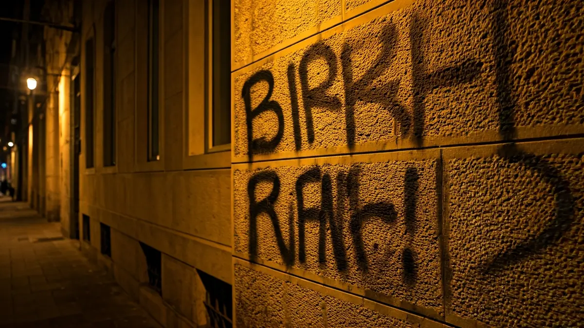 Irudi generikoa, horma batean egindako pintada bat erakusten duena, testu lausoarekin.