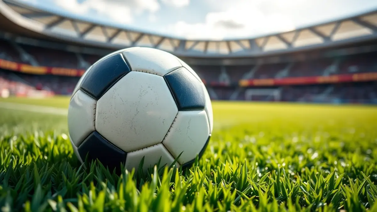 Generic image of a soccer ball on green grass, with a blurred stadium in the background.