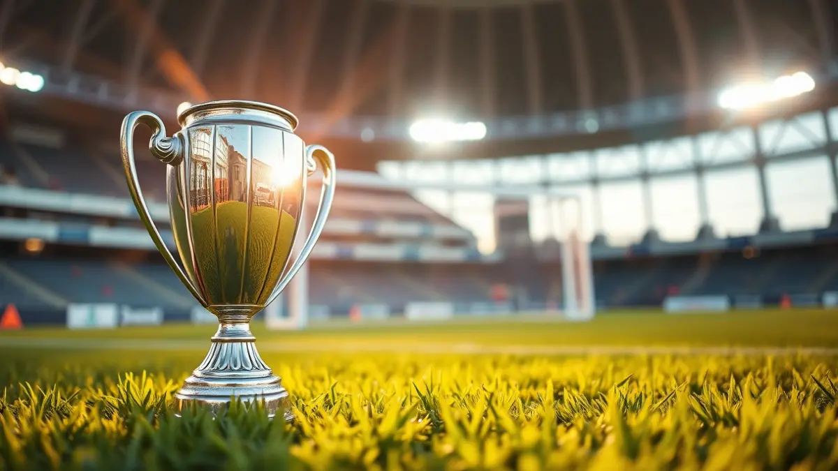 Irudi generikoa futbol trofeo baten belar gainean, estadio batean