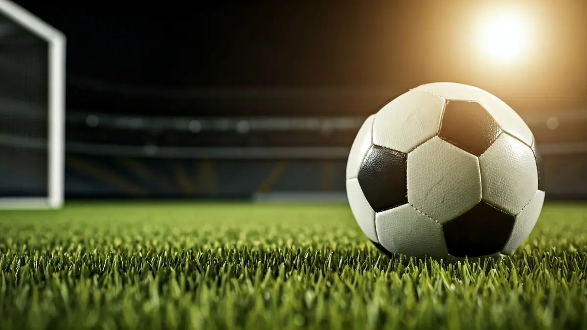 Generic image of a soccer ball on grass, with a goal in the background.