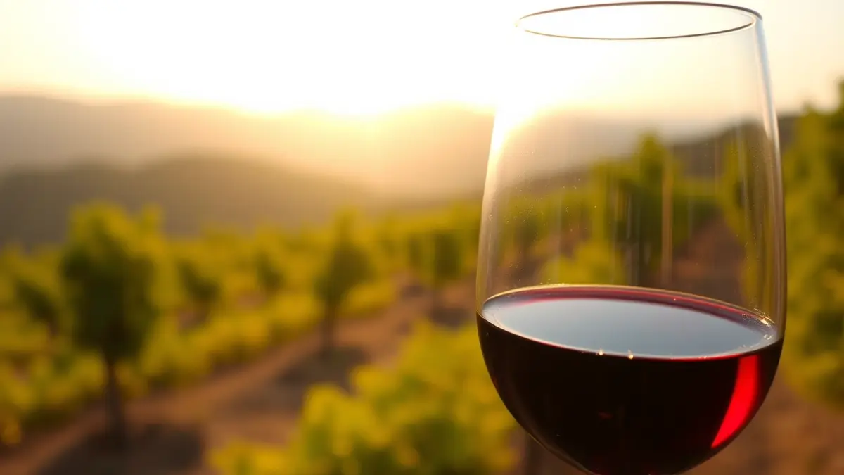 Ardo beltzez betetako kopa baten irudia, atzealdean mahastiak lausotuta.