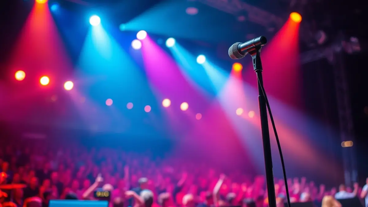 Imagen genérica de un escenario de concierto de rock, con un micrófono vacío y luces vibrantes.