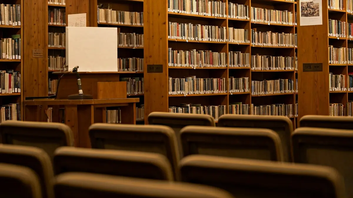 Irudi generikoa liburutegi baten barrualdekoa, mikrofono bat eta aulki hutsak dituena, irakurketa giro atseginean.