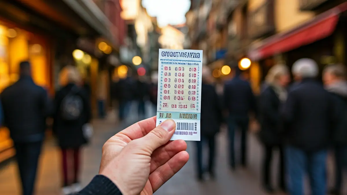 Generic image of a hand holding a lottery ticket, with a blurred background of a street or kiosk in a Basque town.