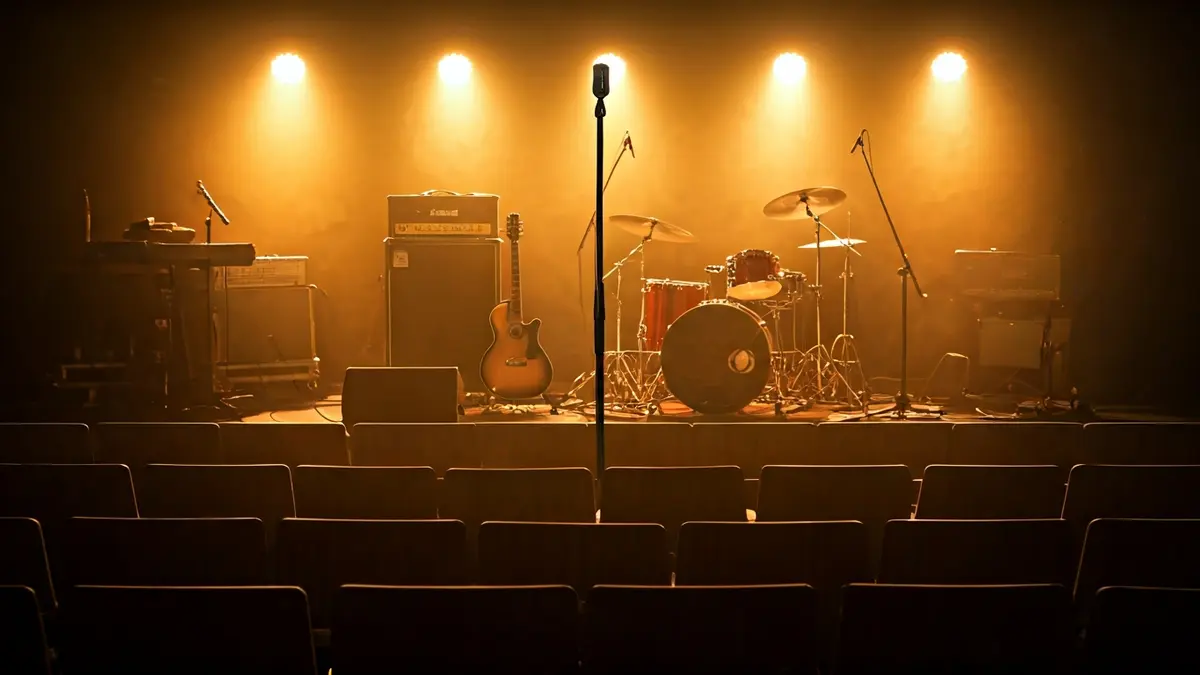 Irudi generikoa kontzertu-areto baten eszenatokiarena, mikrofono eta instrumentuekin.