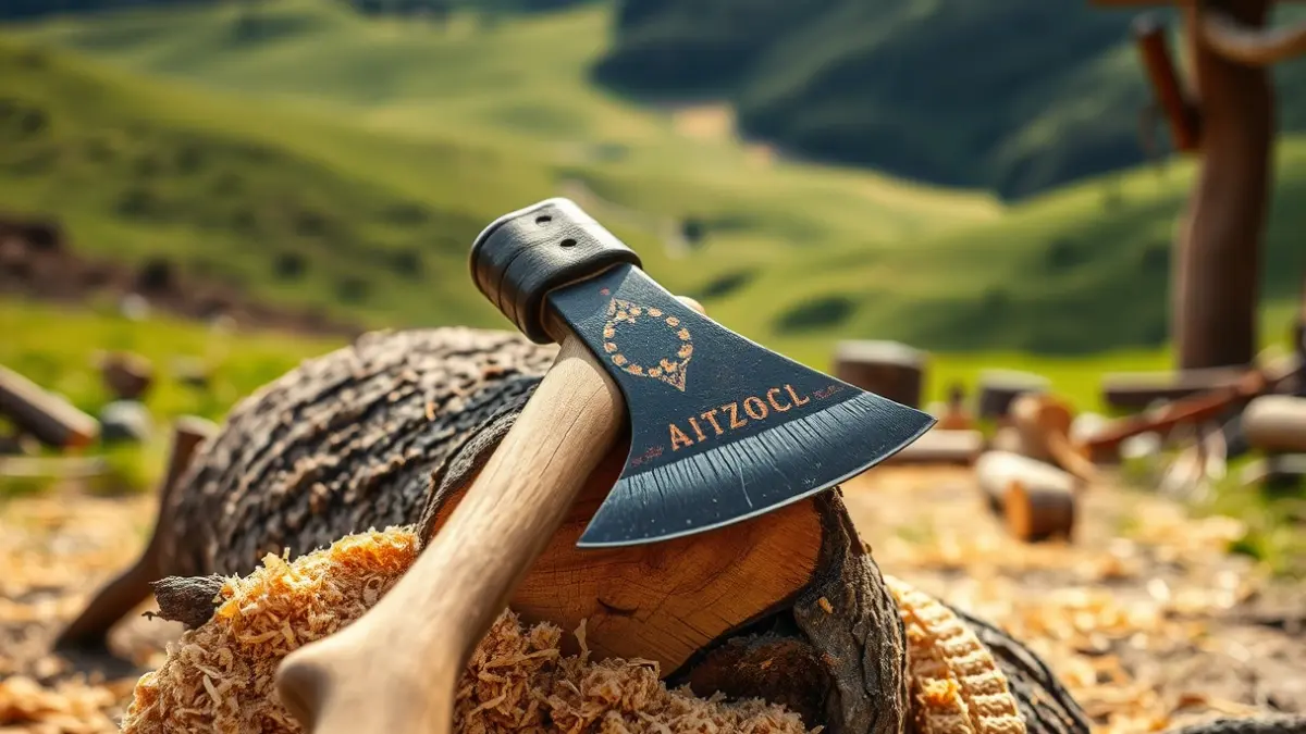 Irudi generikoa aizkora bat egur zati baten gainean, baserri giroan.