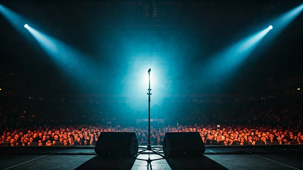 Generic image of a concert stage, with a microphone and soft lighting.