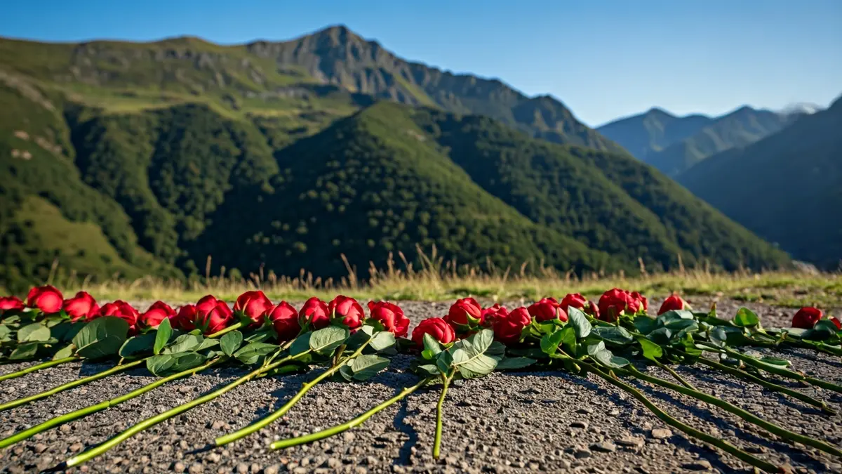 Lore eskaintza bat Saibigain mendian, 117 arrosa lurrean, mendi paisaia berde baten aurrean.