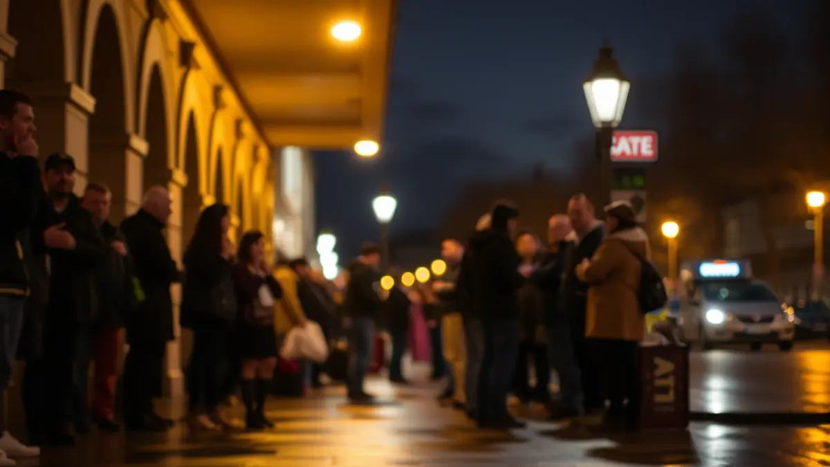 Imagen genérica de un grupo de personas bajo unos soportales por la noche, con luces cálidas reflejándose en el pavimento mojado.