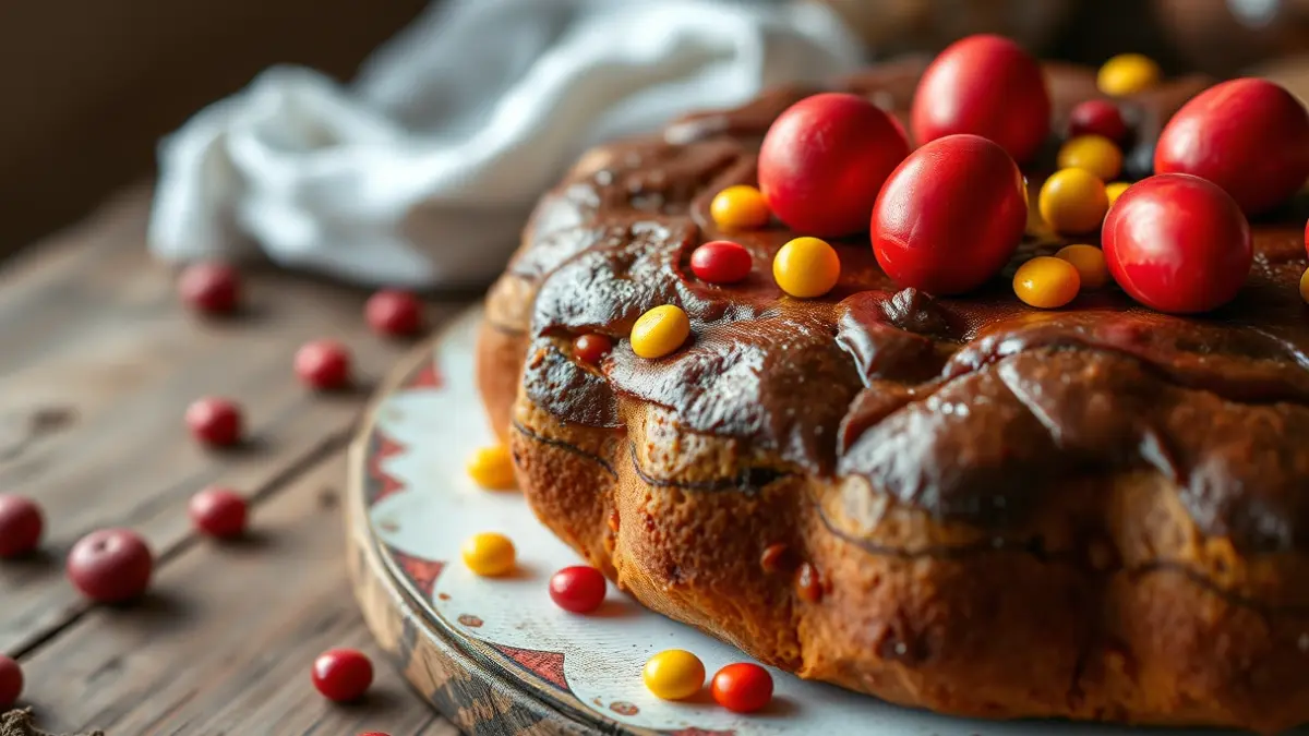 Opilla tradizionala, arrautza gorriz tindatuekin eta gozokiz apaindua, San Marko Eguneko ospakizunerako.