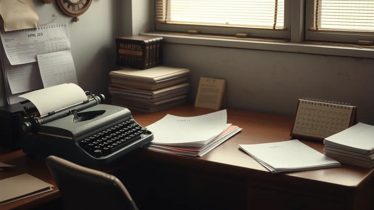 Imagen genérica de un escritorio de oficina con una máquina de escribir antigua y un calendario del 25 de abril, evocando tradiciones industriales pasadas.