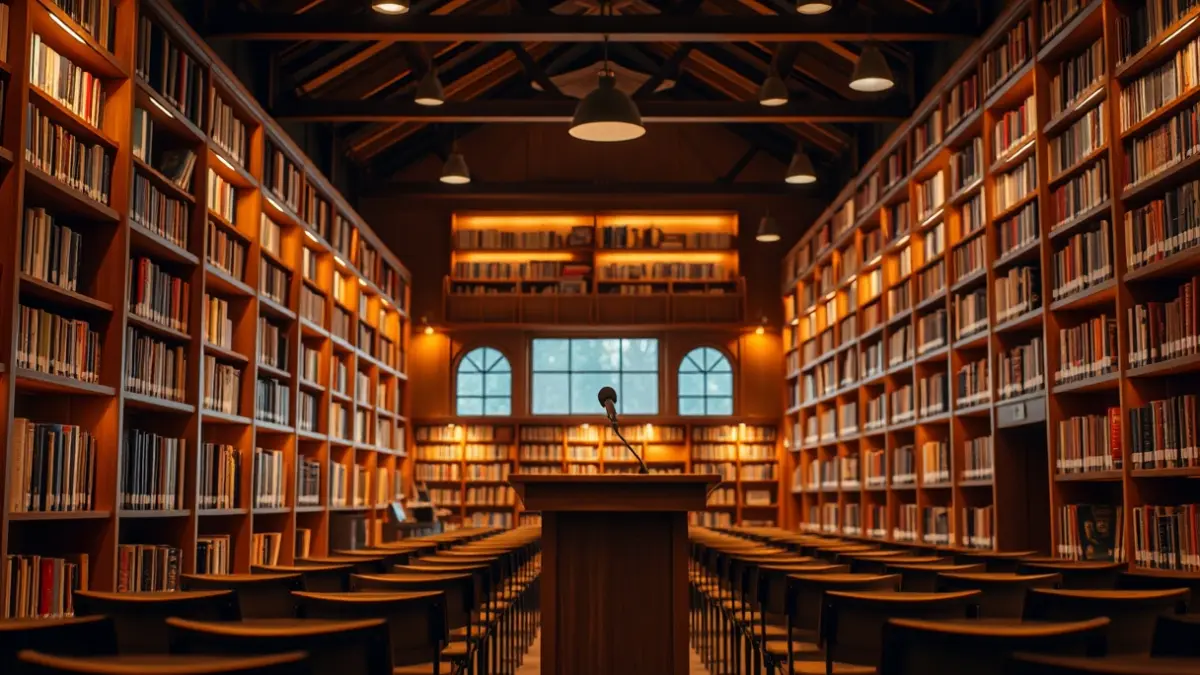 Irudi generikoa liburutegi baten barrualdekoa, mikrofono batekin eta aulki ilarekin.