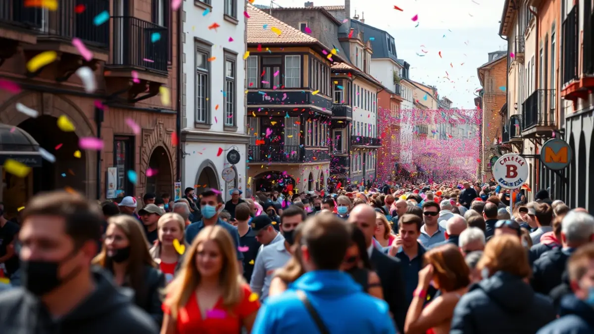 Imagen genérica de una calle festiva con multitudes borrosas y confeti de colores.