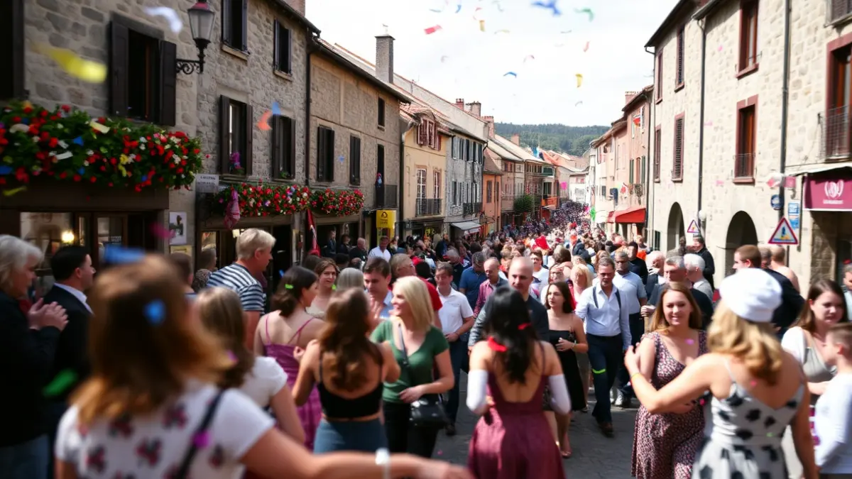 Irudi generikoa jai giroko kale batekoa, jendea ospatzen eta konfetiak airean.