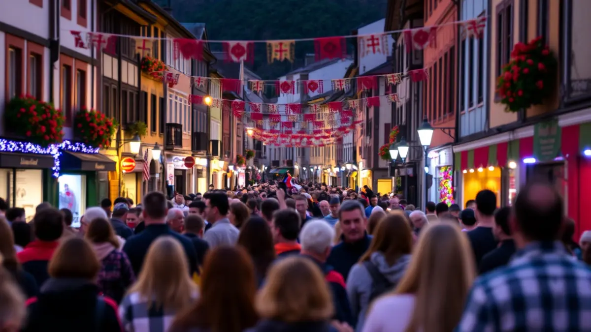 Irudi generikoa jai giroko kale baten, jendea ospatzen eta argi koloretsuak.