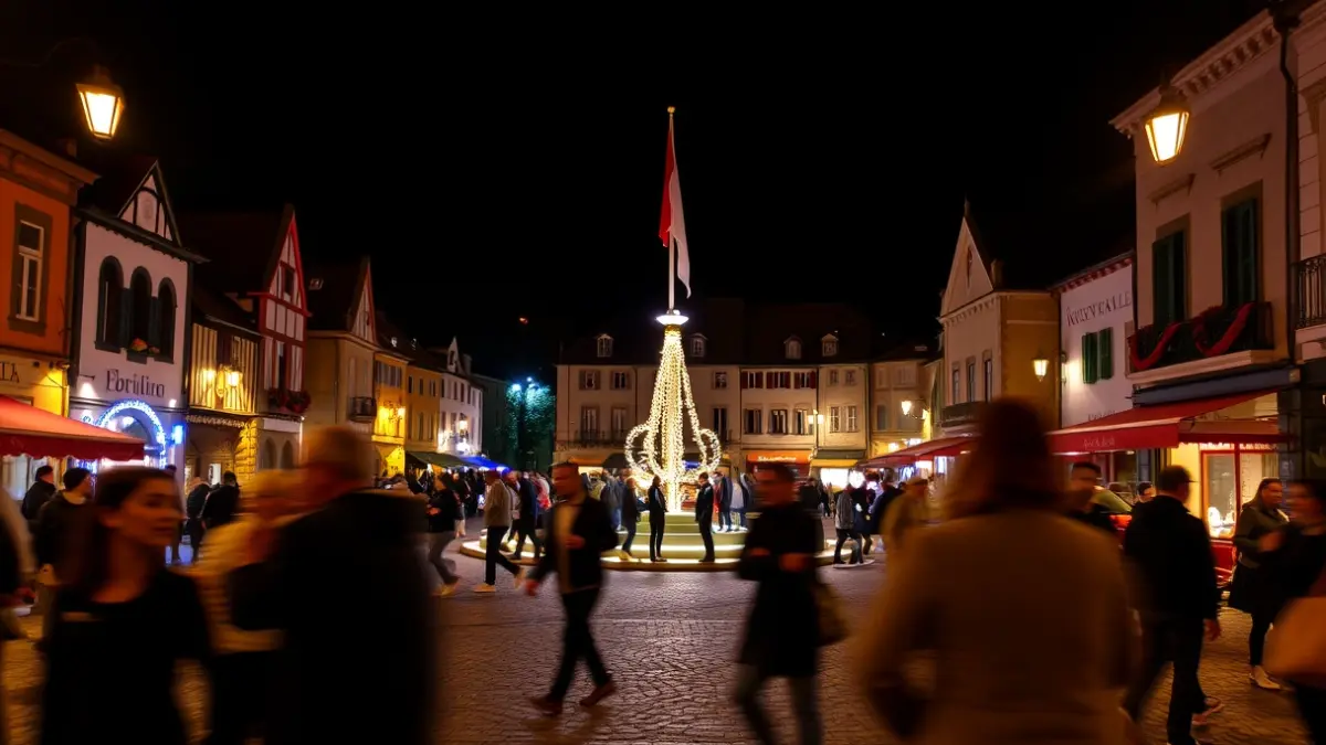 Festive night image of a town square, with blurred figures and an illuminated flagpole in the background.