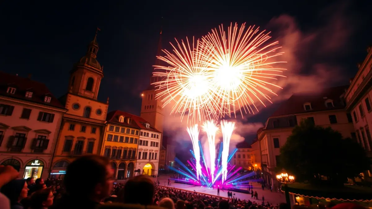 Imagen genérica de fuegos artificiales en fiestas de Vitoria-Gasteiz, con gente observando desde abajo.
