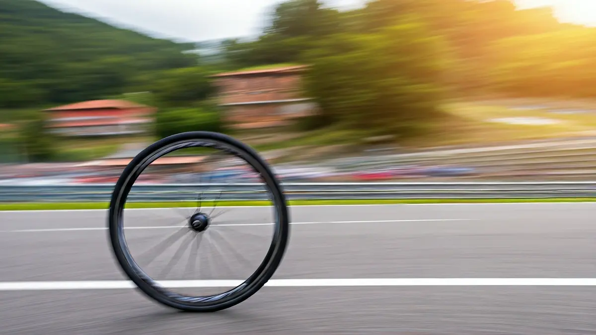 Irudi generikoa bizikleta gurpil baten, lasterketa bide baten atzealde lausoarekin.