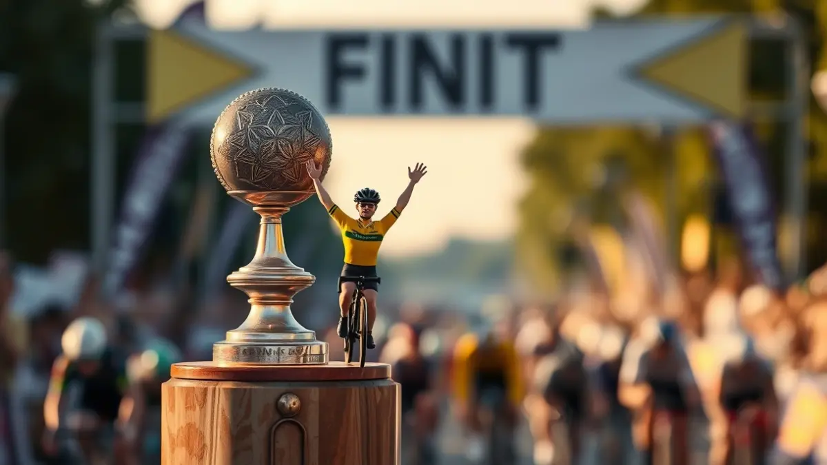 Santikutz klasikaren garaikurra, txirrindulari bat besoak altxatzen dituela irudikatzen duena.