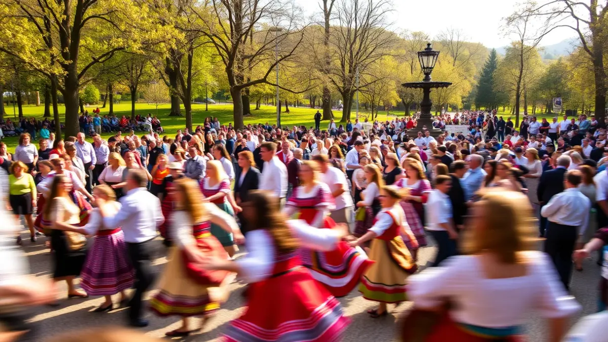 Bailarines realizando danzas tradicionales vascas en un parque de Santurtzi.