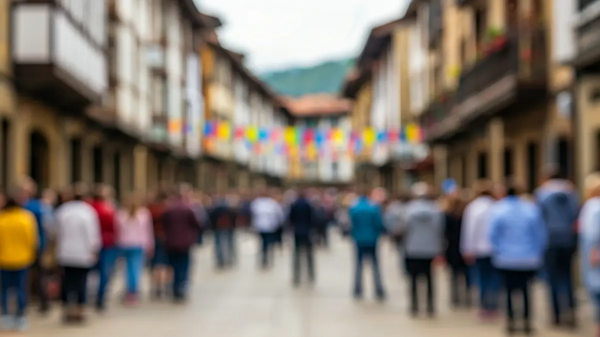Irudi generikoa jai giroko kale baten Santurtzin, jende nahasia eta bandera koloretsuekin.