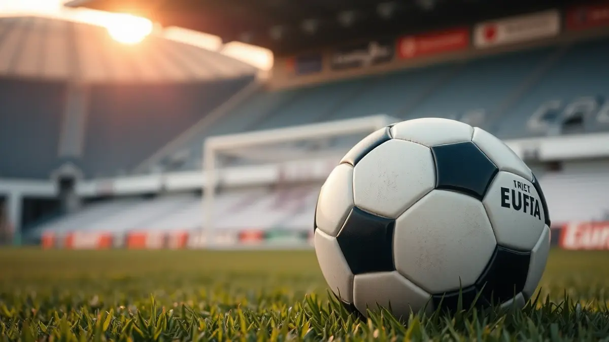 Irudi generikoa futbol-baloi bat belar berdean, atzealdean ate-sarea lausotuta.