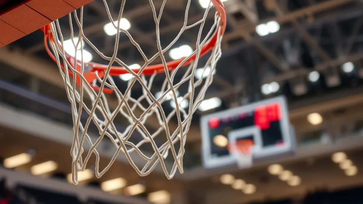 Saskibaloi saskiaren eta sarearen irudi generikoa, atzealdean saskibaloi kantxa lausoa duena.