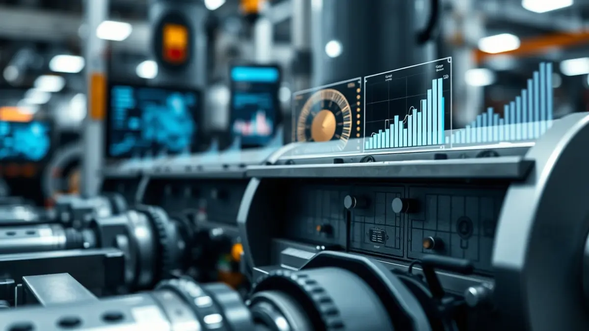 Irudi generikoa fabrikazio aurreratuko eta datu-sistemetako makineria industrialaren irudia, interfaze digital lausoekin.
