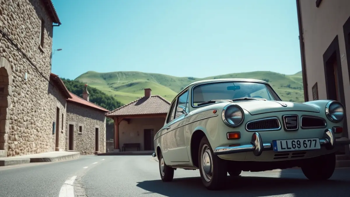 A classic Seat 600 car parked on a sunny street in a Basque town.