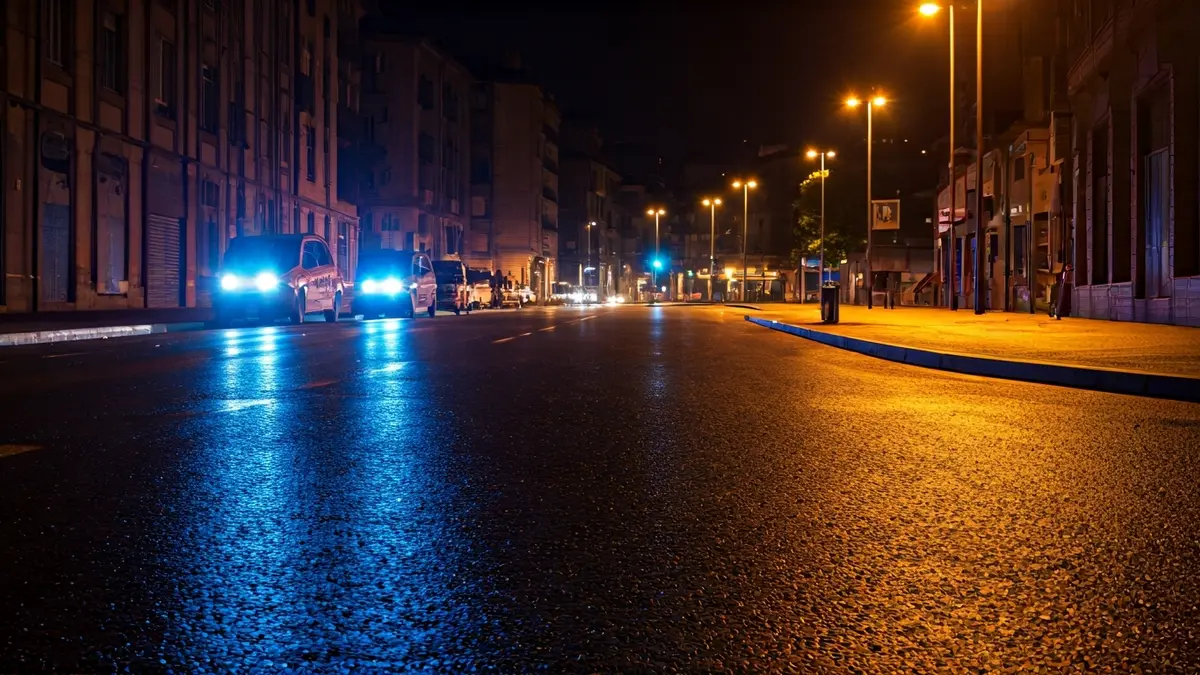 Generic image: Blue and red emergency lights reflecting on wet asphalt at night, in an urban setting in Euskadi.