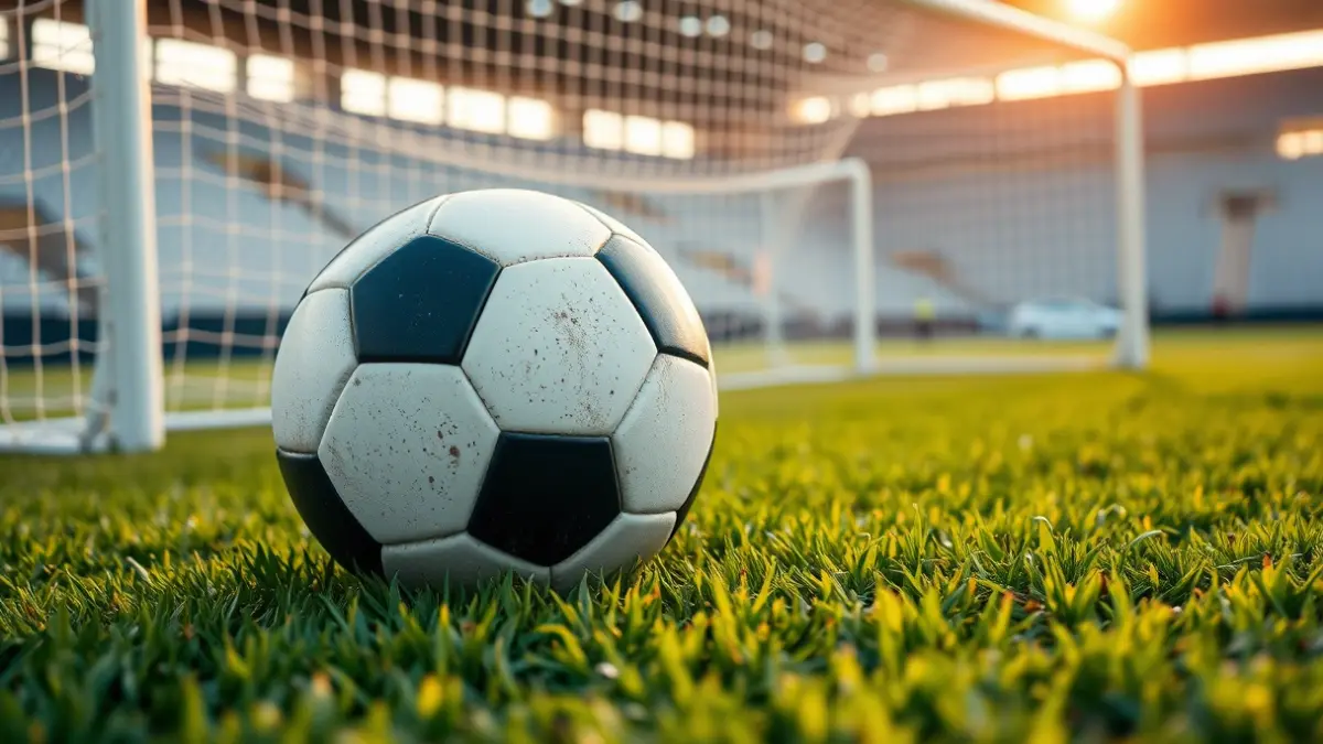 Generic image of a soccer ball on grass, with a blurred white goal in the background.