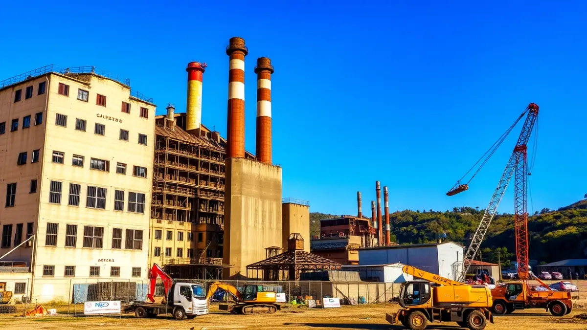 Sestaoko industria-paisaia, lantegi zaharrak berritzen, zeru urdin garbia eta eraikuntza-ekipo modernoak lehen planoan.