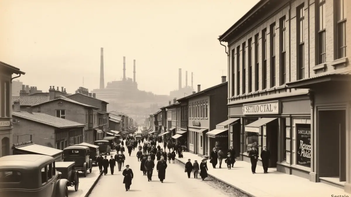 Sestaoko kale baten irudi historikoa, XX. mende hasierako giroa islatuz.