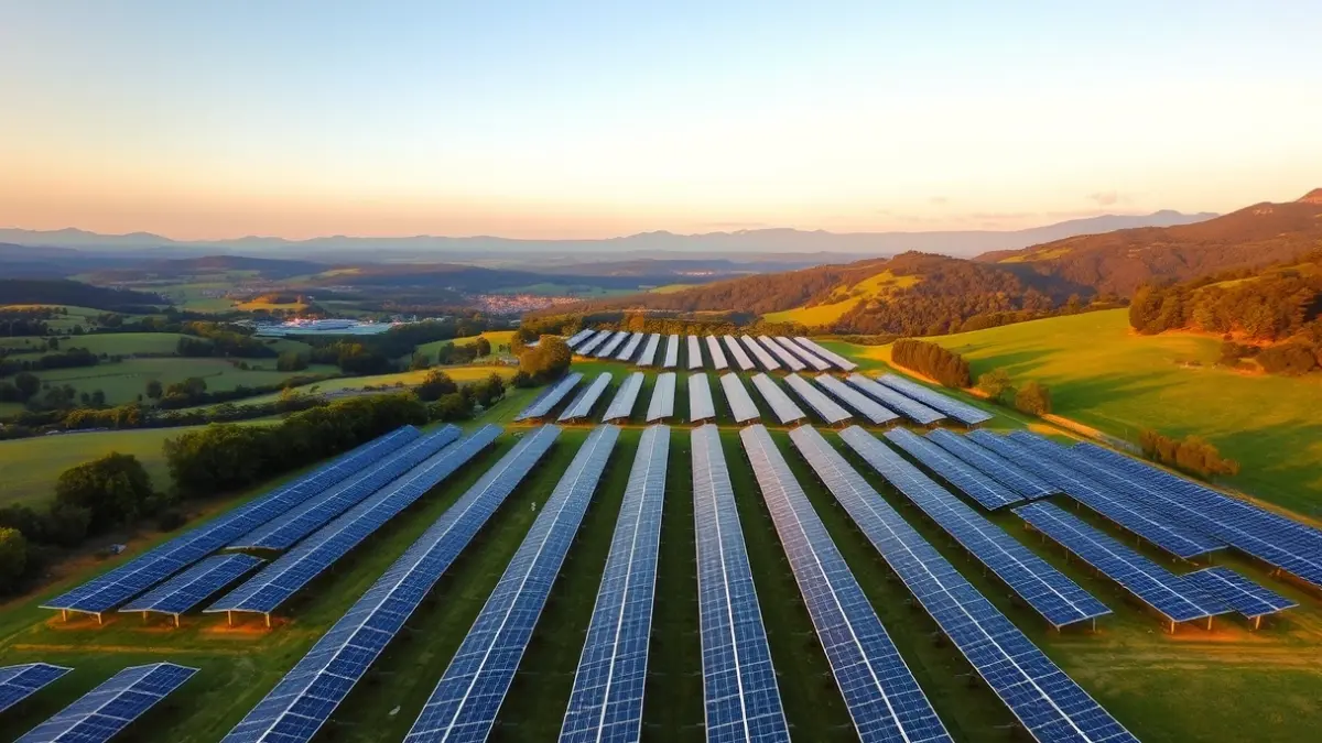 Eguzki-panelen irudi generikoa, Euskal Herriko paisaia batean kokatua.