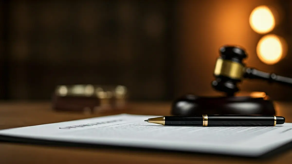 Irudi generikoa: Dokumentu legal bat, boligrafo bat eta mazo bat, akordio legal bat iradokitzen duena.