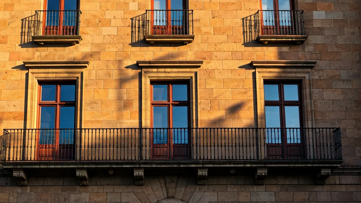 Sopuertako udaletxearen kanpoaldeko irudia, eguzki argitan.