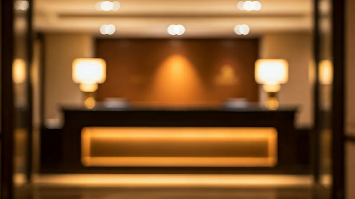 Irudi generikoa hotel baten harrerakoa, argiztapen leunarekin eta giro atseginarekin.