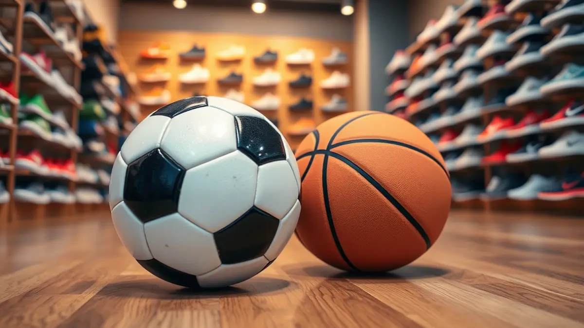 Generic image of the interior of a football and basketball store with sports equipment.