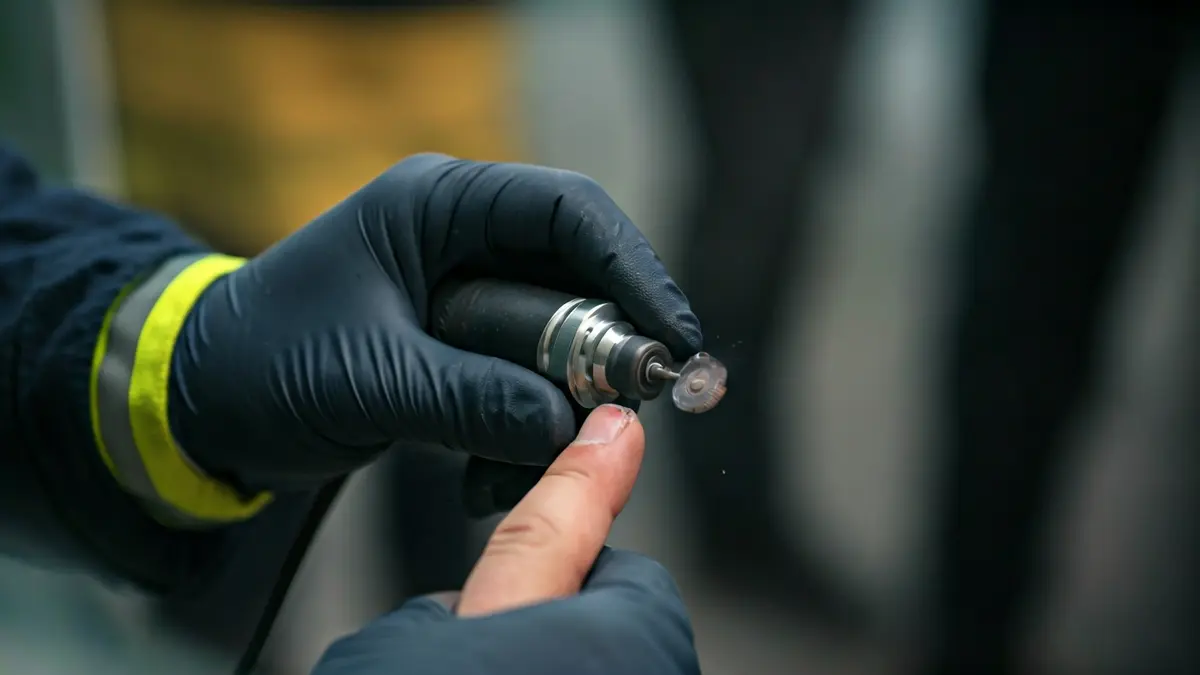 Suhiltzaile baten eskua eraztun bat mozteko doitasun-tresna bat erabiltzen, ospitale batean.