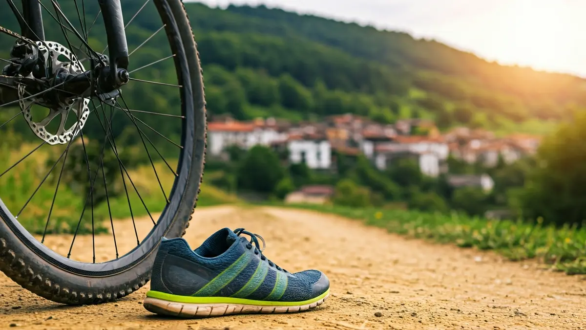 Primer plano de una rueda de bicicleta y una zapatilla de correr en un camino de tierra, con colinas verdes y un pueblo vasco tradicional difuminados al fondo.