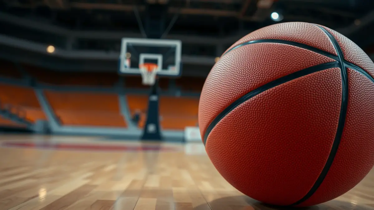 Saskibaloi baloi baten irudi generikoa, zurezko kantxa batean.