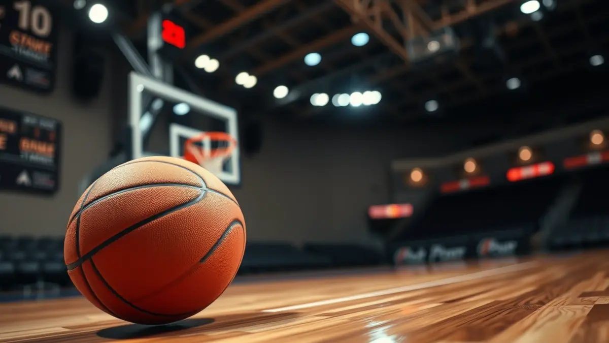 Generic image of a basketball on a polished court, with a blurred basketball hoop in the background.