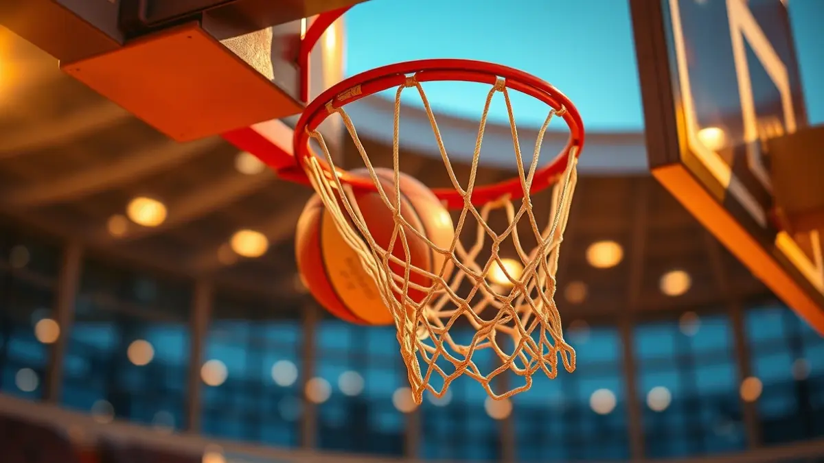 Imagen genérica de una canasta de baloncesto con el balón pasando, luces del estadio difuminadas al fondo.