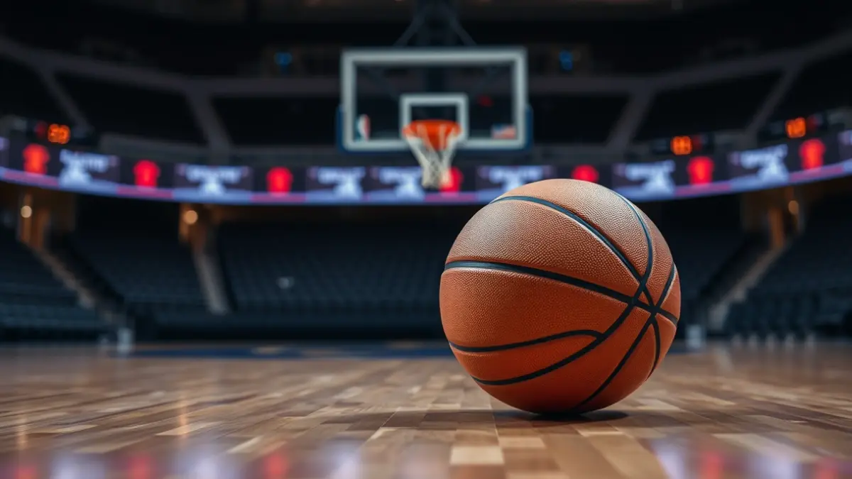 Generic image of a basketball on a wooden court, with a blurred hoop in the background.