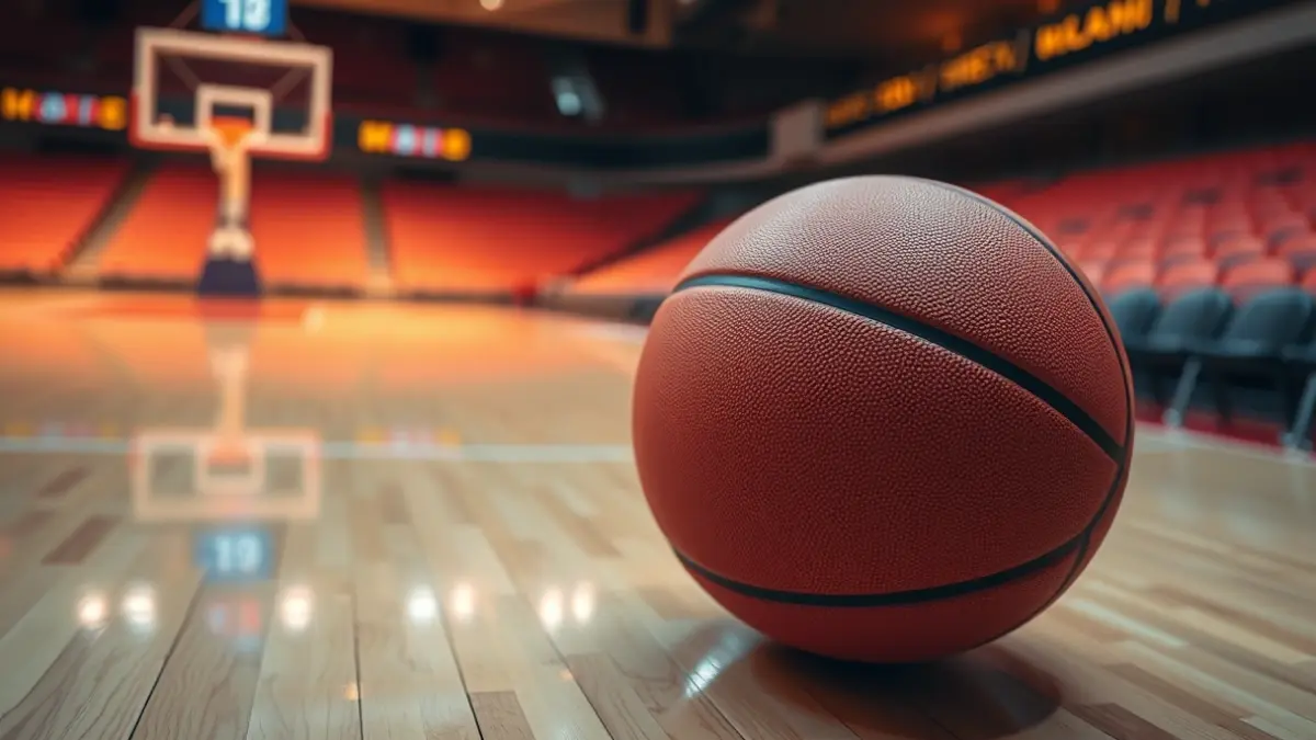 Generic image of a basketball on a wooden court.