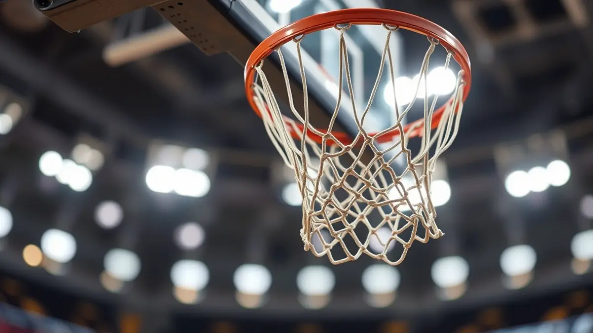 Saskibaloi sarearen eta uztaiaren irudi generikoa, atzealdean estadioaren argiak lausotuta.