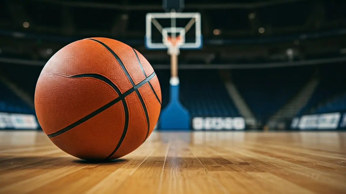 Basketball on a polished wooden court, blurred basketball hoop in the background.