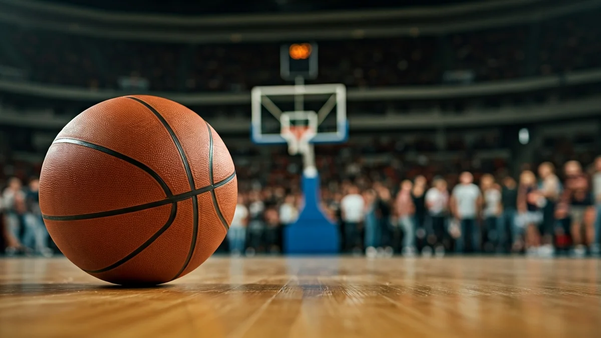 Saskibaloi baloi bat zurezko kantxa batean, atzealdean saskia lausotuta.