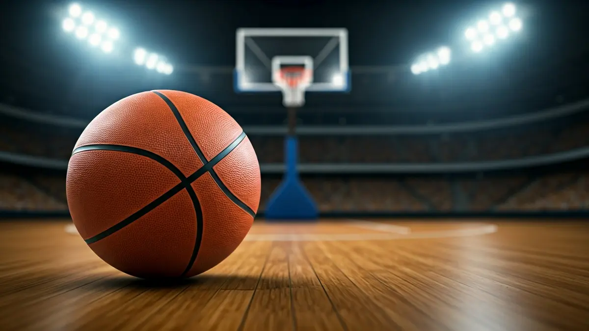 Saskibaloi bat zoru leundu batean, atzealdean saskibaloi saskia eta estadio argiak lausotuta.